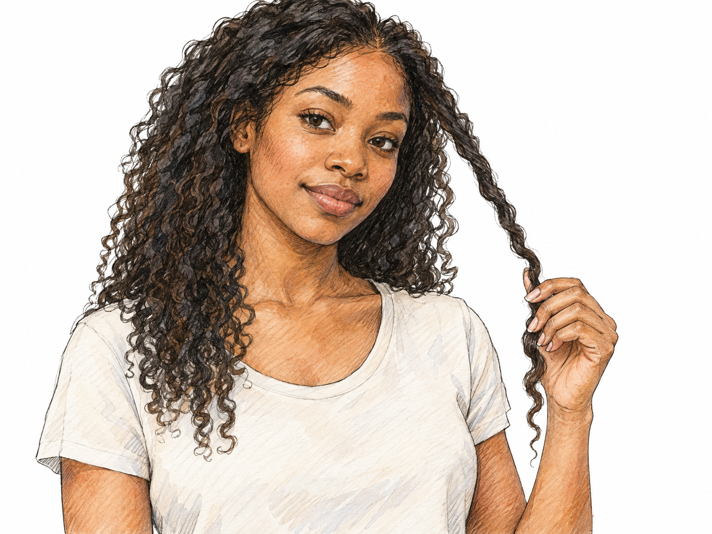 A close shoulder-level view of a young adult Black woman gently holding one long, loose lock of her hair forward, clearly separated from the rest so its length and shape are easy to see.