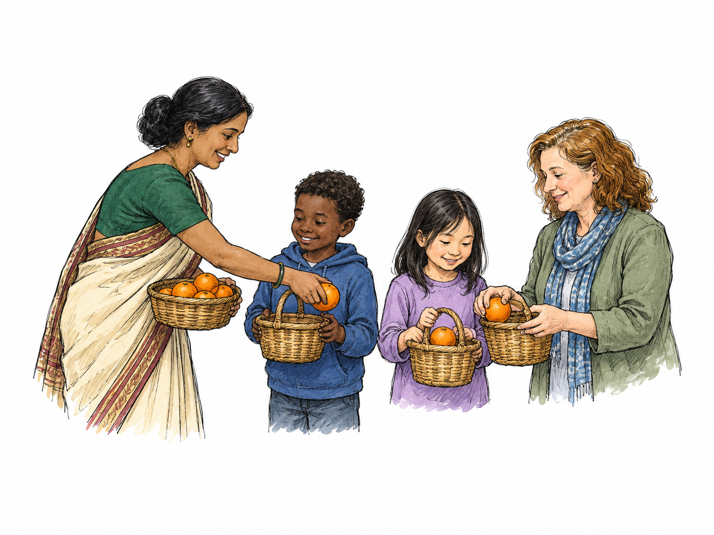 Volunteer hands one orange each into three recipients' baskets, orderly sharing.