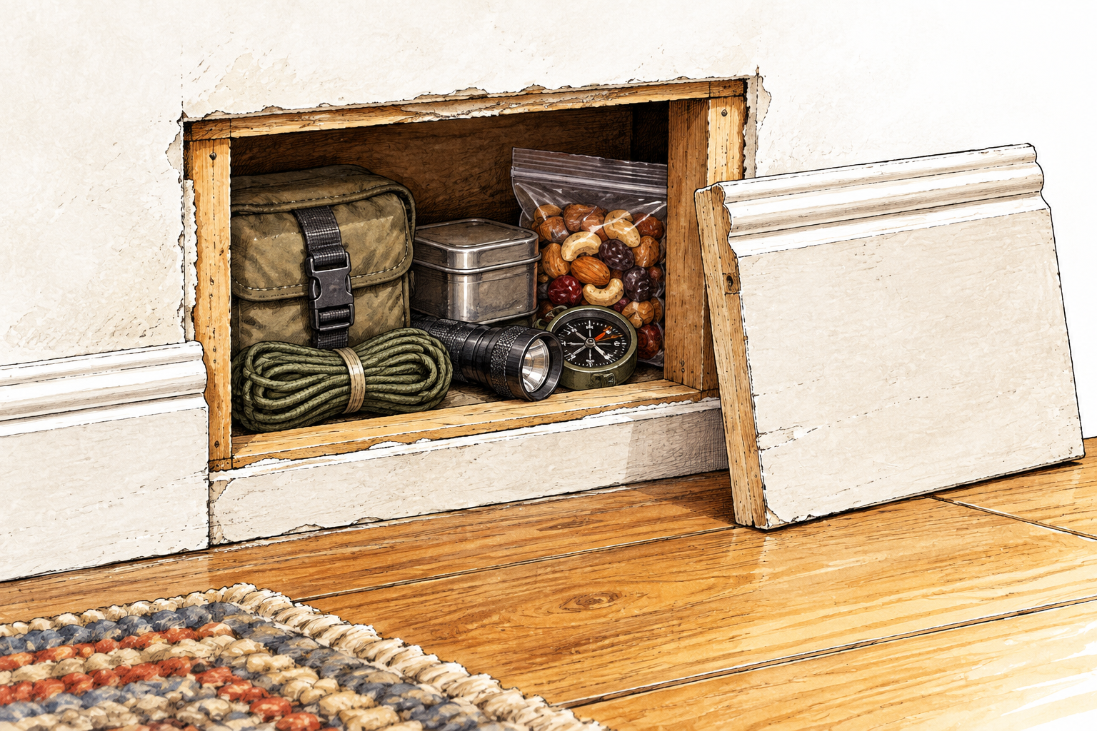 A small hidden store of supplies sits inside a concealed wall cubby, cache.