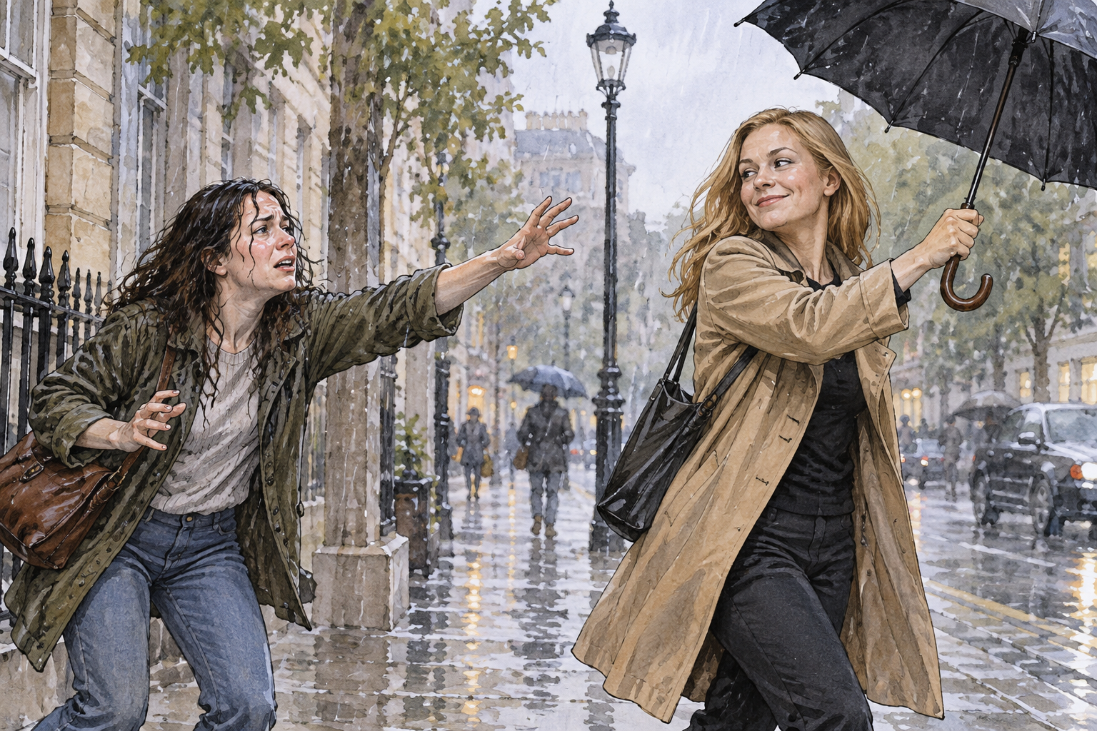 A person deliberately snatches an umbrella away from another adult in rain while smiling coldly, the other looks hurt; nonviolent everyday cruelty.