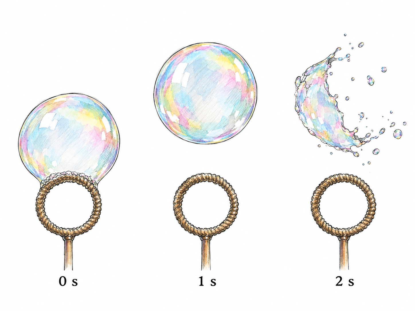 A three-frame close-up shows the same soap bubble forming, briefly floating, and bursting within two seconds.