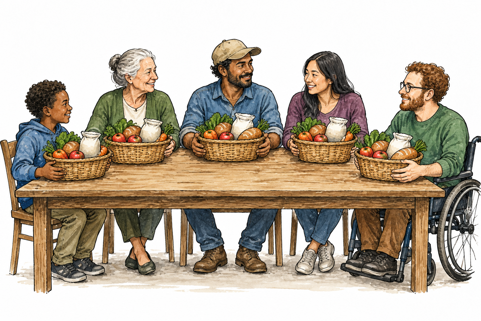 A fair distribution of equal resource baskets to people at a community table.