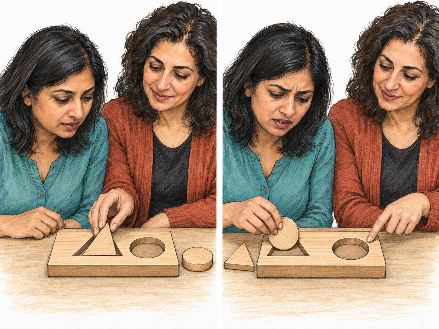 A compact two-stage tabletop puzzle demonstration: an adult watches a simple shape-matching solution, then remains baffled and attempts a visibly incompatible placement despite the matching opening being plainly available.