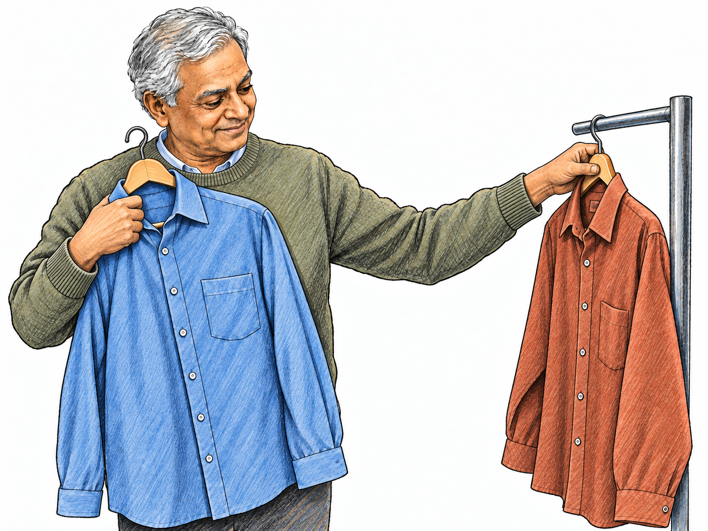 An older man compares two shirts side by side, then decisively selects one while setting the other aside.
