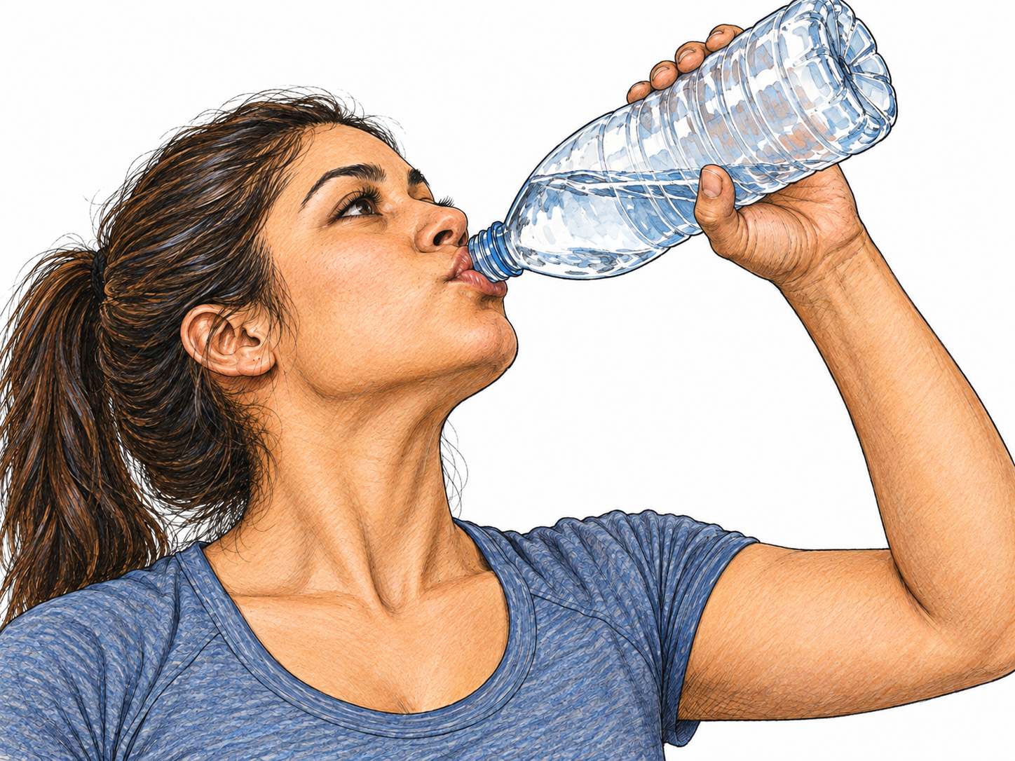 A young woman takes a large, eager swallow of water directly from a clear bottle, with the bottle steeply raised and her head tilted back.