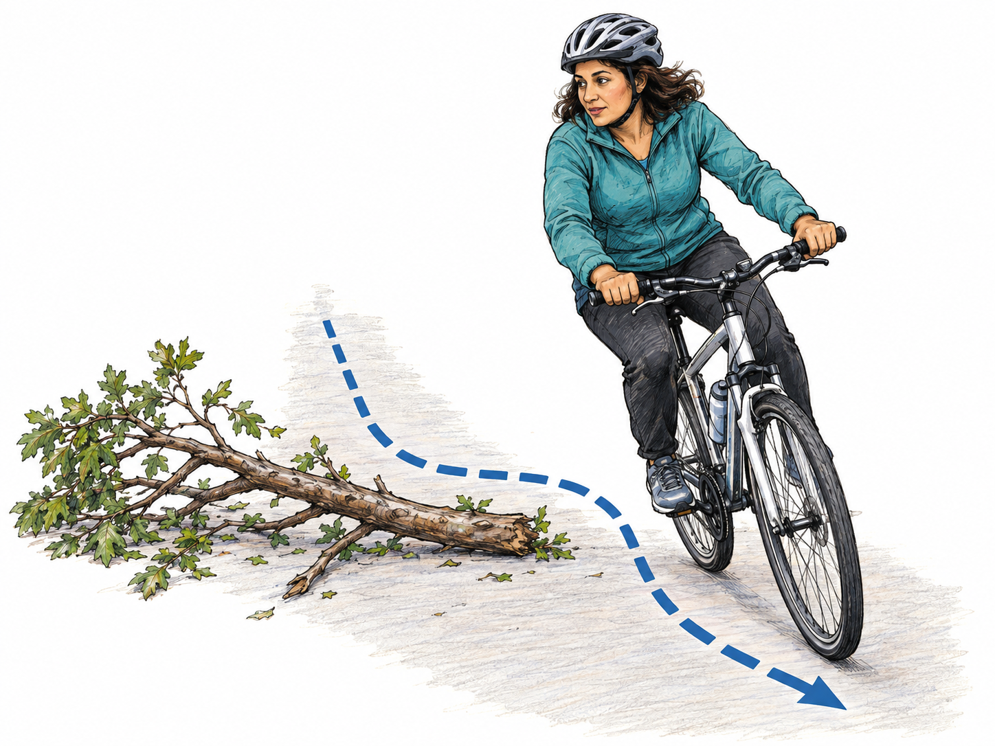 A cyclist abruptly swerves off a straight course to avoid a fallen branch.