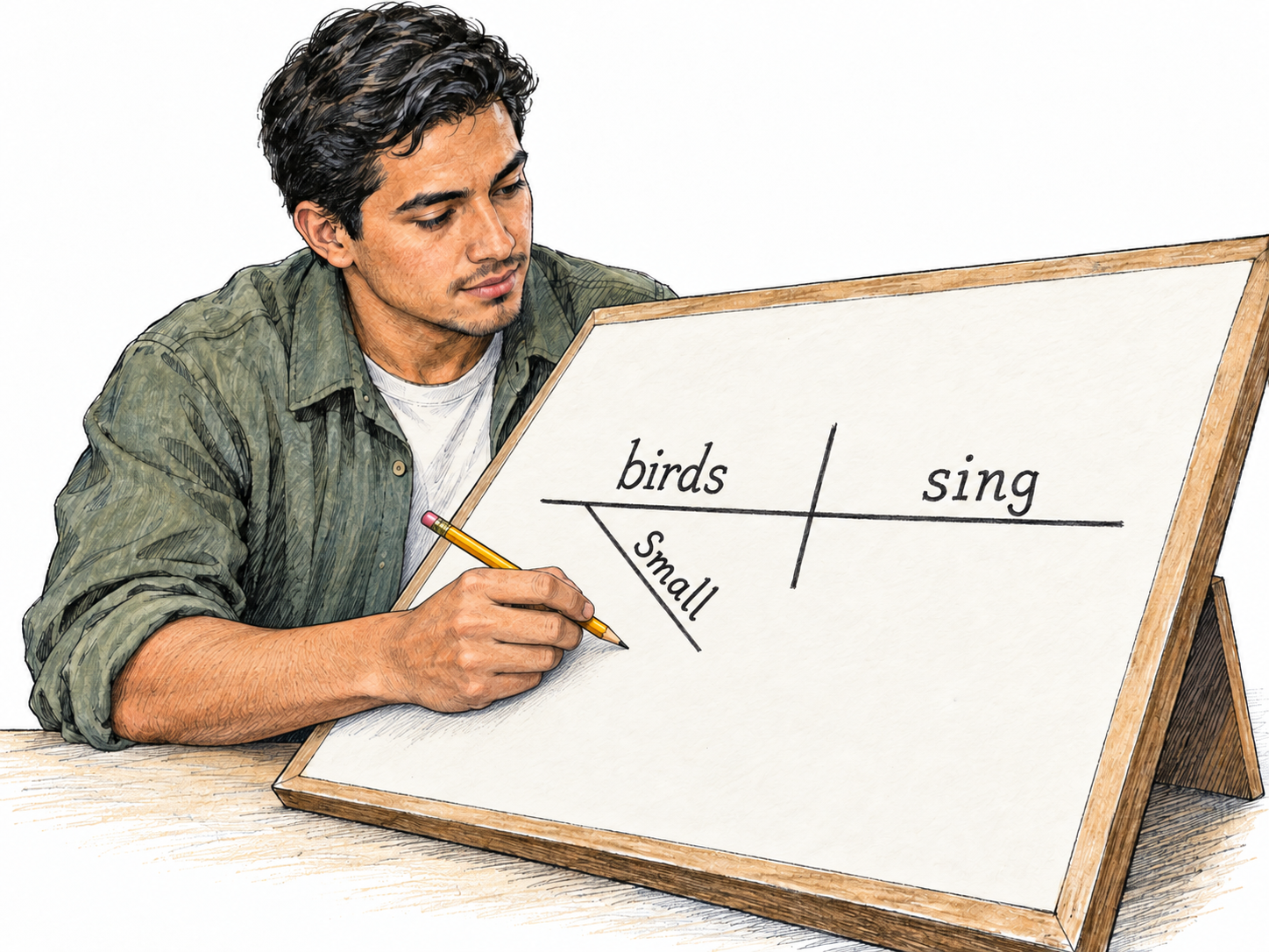 A grammarian actively analyzes sentence structure using a conventional sentence diagram, making grammar itself—not generic reading—the visible subject of study.