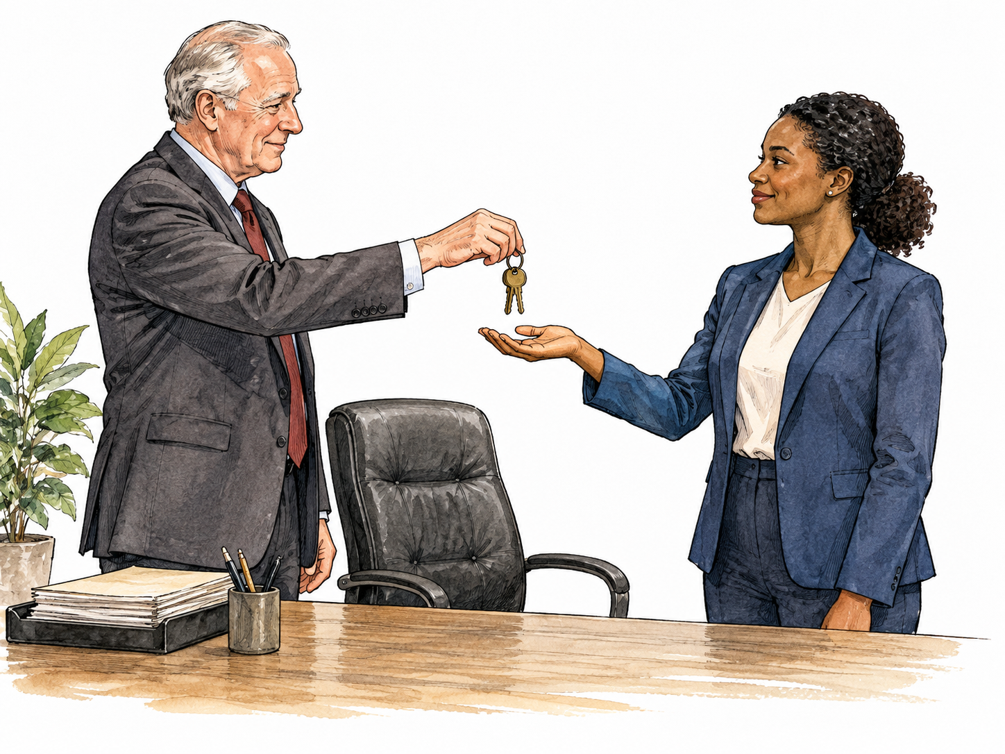 An older white manager hands office keys to a younger Black woman taking over the role.