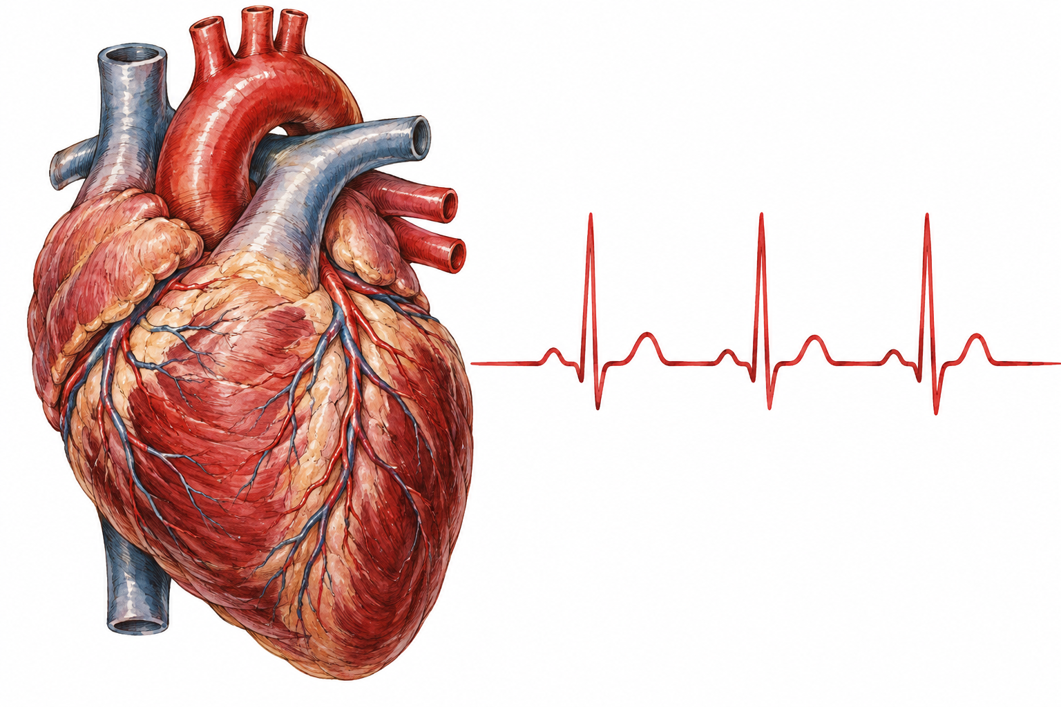 Accurate anatomical human heart beside simple ECG waveform, natural red muscular texture and major vessels, only waveform no text.