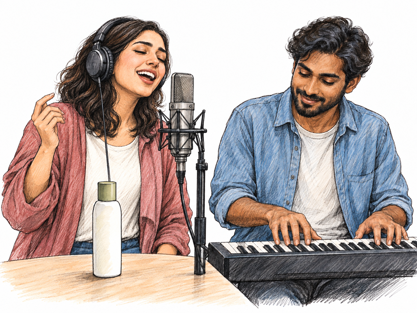 A young woman records a cheerful advertising tune into a studio microphone while a young man accompanies her on a compact keyboard; a plain product bottle beside the microphone suggests the commercial purpose.
