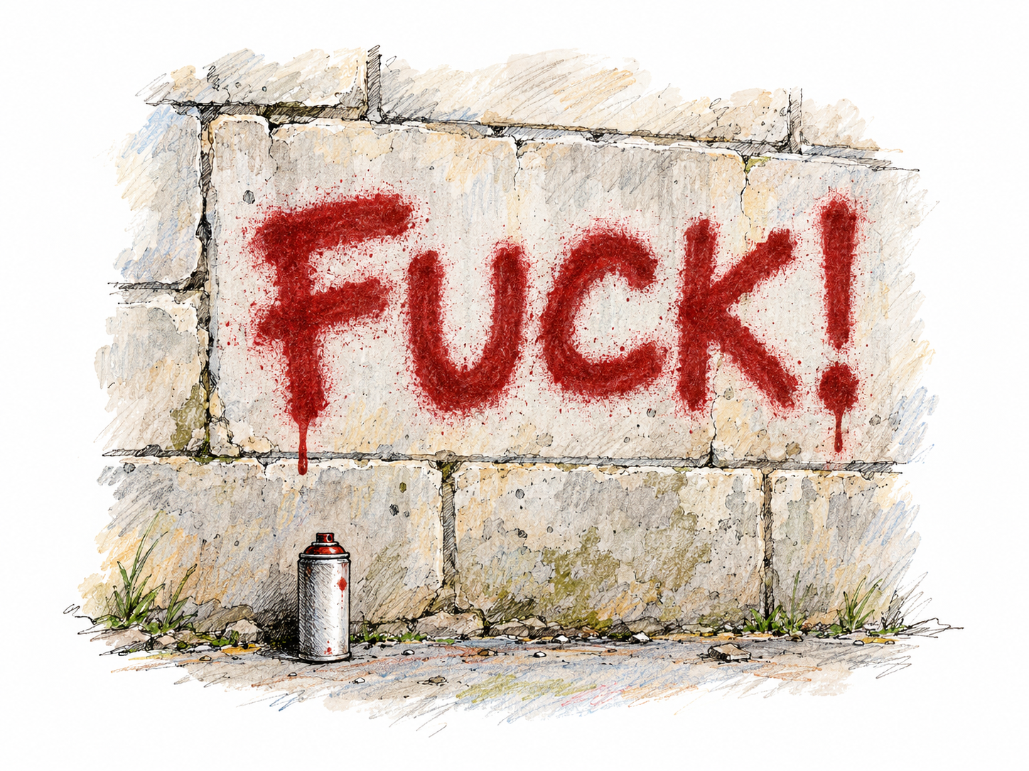 A freshly spray-painted profane expression on a small section of wall: the expression itself, rather than an angry facial expression, supplies the exact noun meaning.