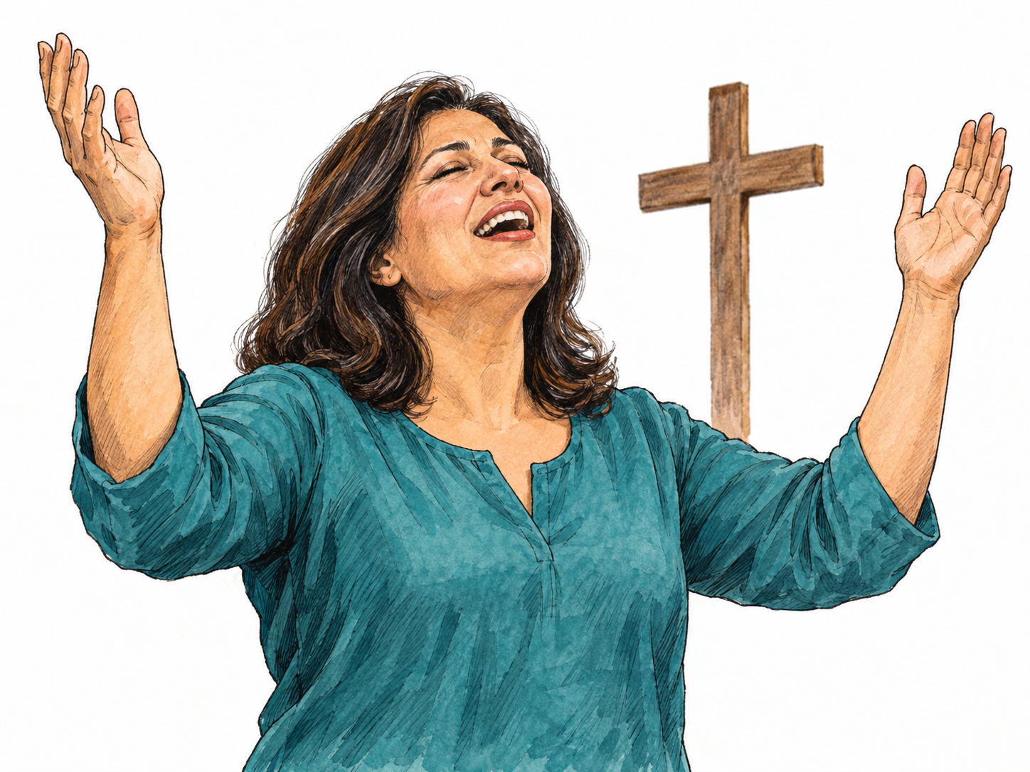 A woman visibly cries out in joyful praise during worship, with her face lifted, mouth open and both hands raised; a simple church cross supplies the praise context.