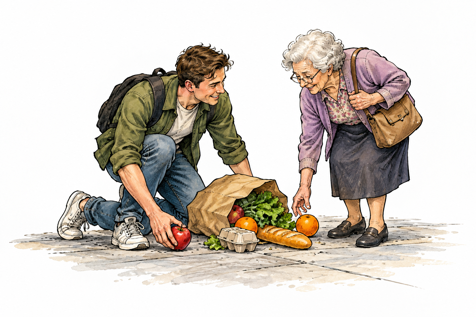 A passerby helps an older pedestrian retrieve dropped groceries, clear kind intentional deed, modern ordinary people, no text.