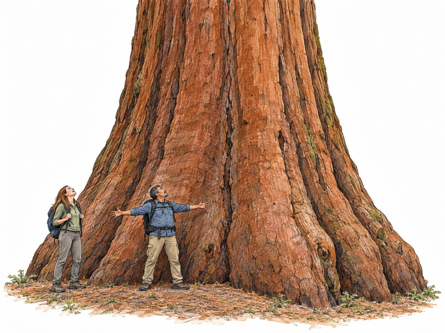 Two tiny hikers gaze upward in astonishment at an immense ancient sequoia, its towering trunk and massive flared base dwarfing them.