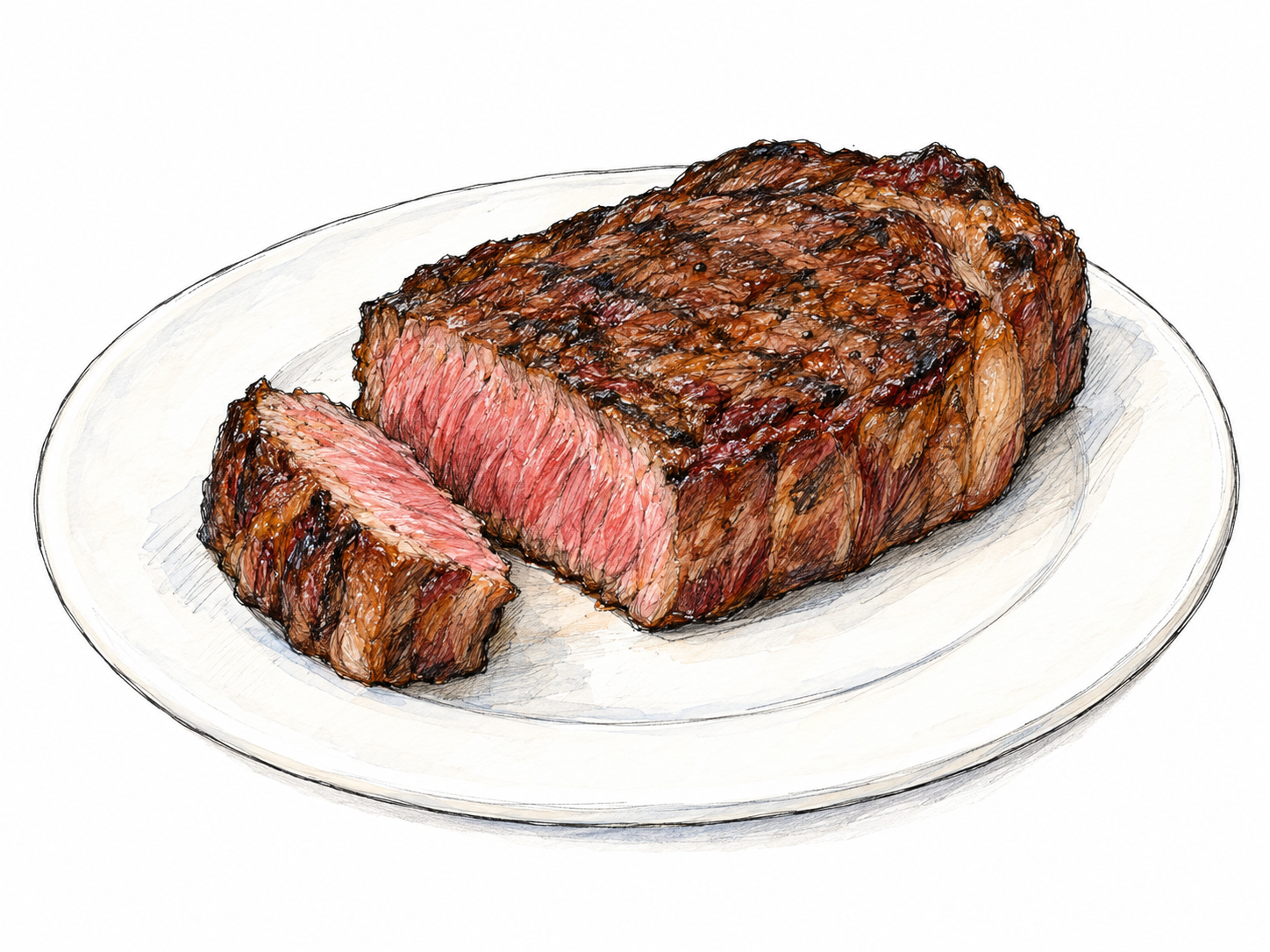 One thick cooked beef steak on a plain white plate, with a small cut at one end revealing its thickness and pink interior.