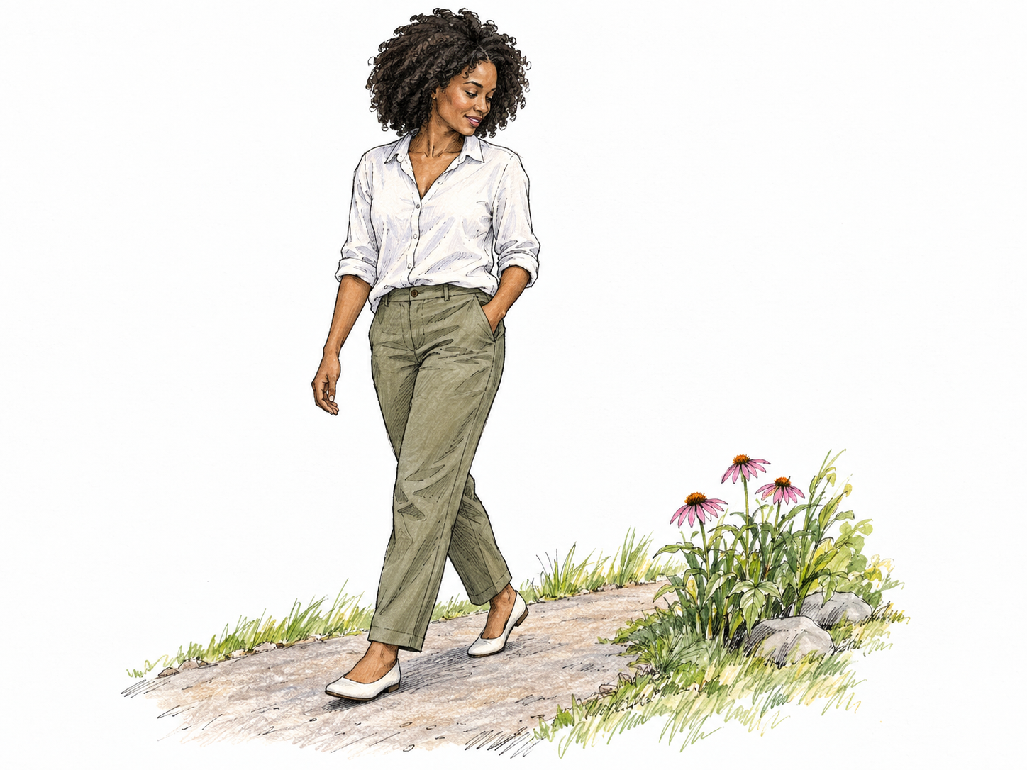 A young woman strolls along a short park path with a small, easy walking step, loose shoulders, one hand resting in her pocket, and her gaze wandering toward nearby flowers.
