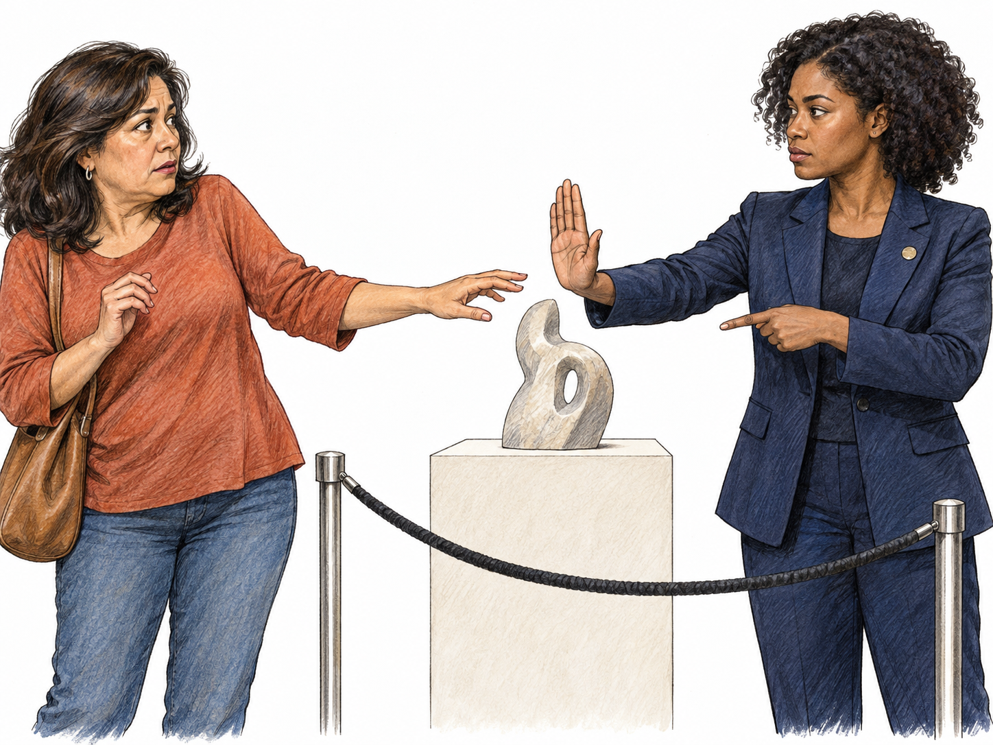 A museum attendant firmly orders a visitor not to touch an exhibited sculpture, using an unmistakable raised stop palm directed at the visitor’s reaching hand.