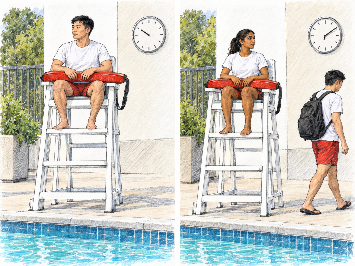 A compact two-panel sequence shows a lifeguard working at a pool and then handing over the same watch station to a replacement, making his bounded period of duty visible.