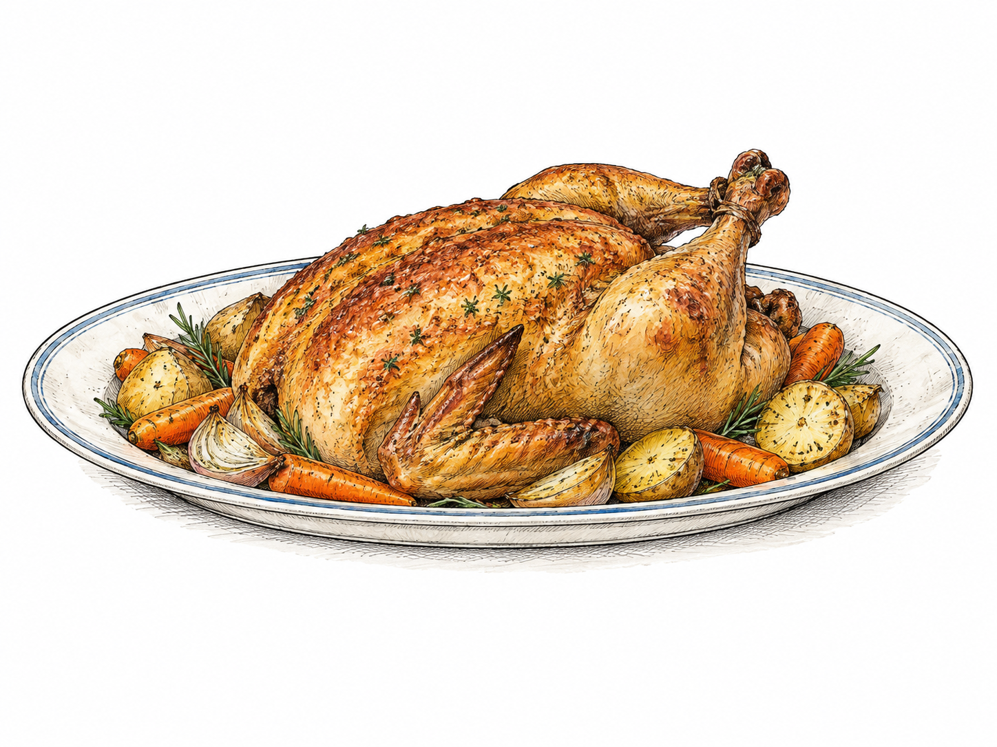 A broad shallow oval serving platter holds a roast chicken and a few vegetables, wide rim and flat serving form clearly visible, no table setting clutter.