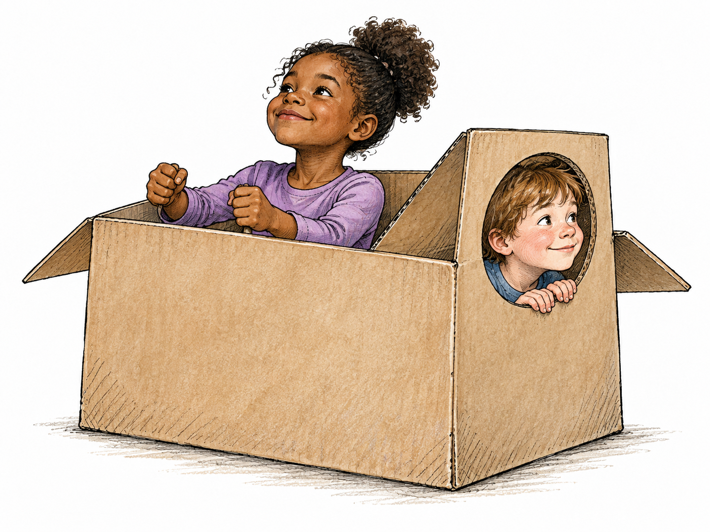 Two children pretend a cardboard box is a spaceship, one steering imaginary controls while the other peers through round cutout; plain unmarked box.