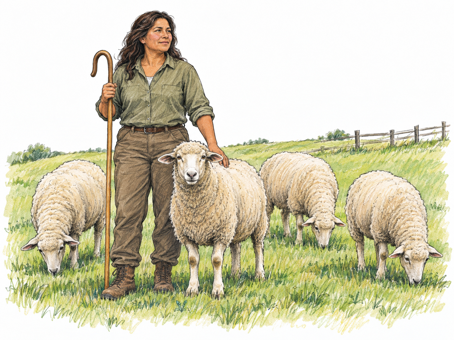 A shepherd tending a small flock in open pasture, making the rural-life and shepherd branches of the meaning concrete.