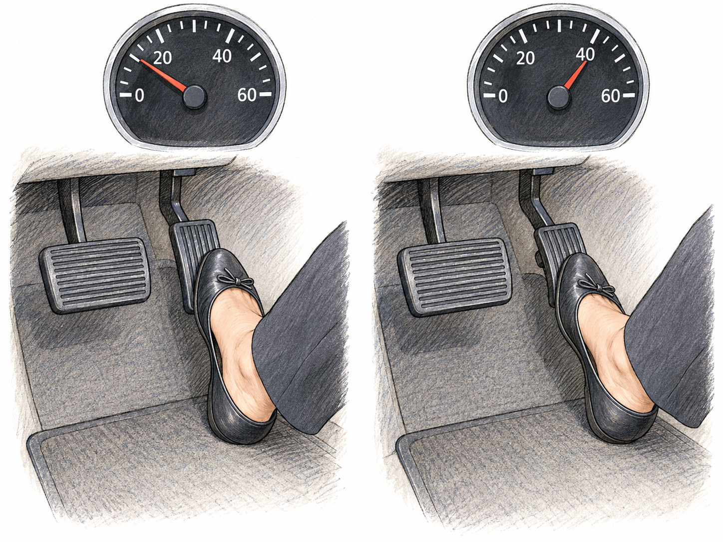 A two-panel close-up demonstrates a car accelerator: the driver's right foot presses the narrow right-hand pedal farther down, while the speedometer needle moves from a low to a higher speed.