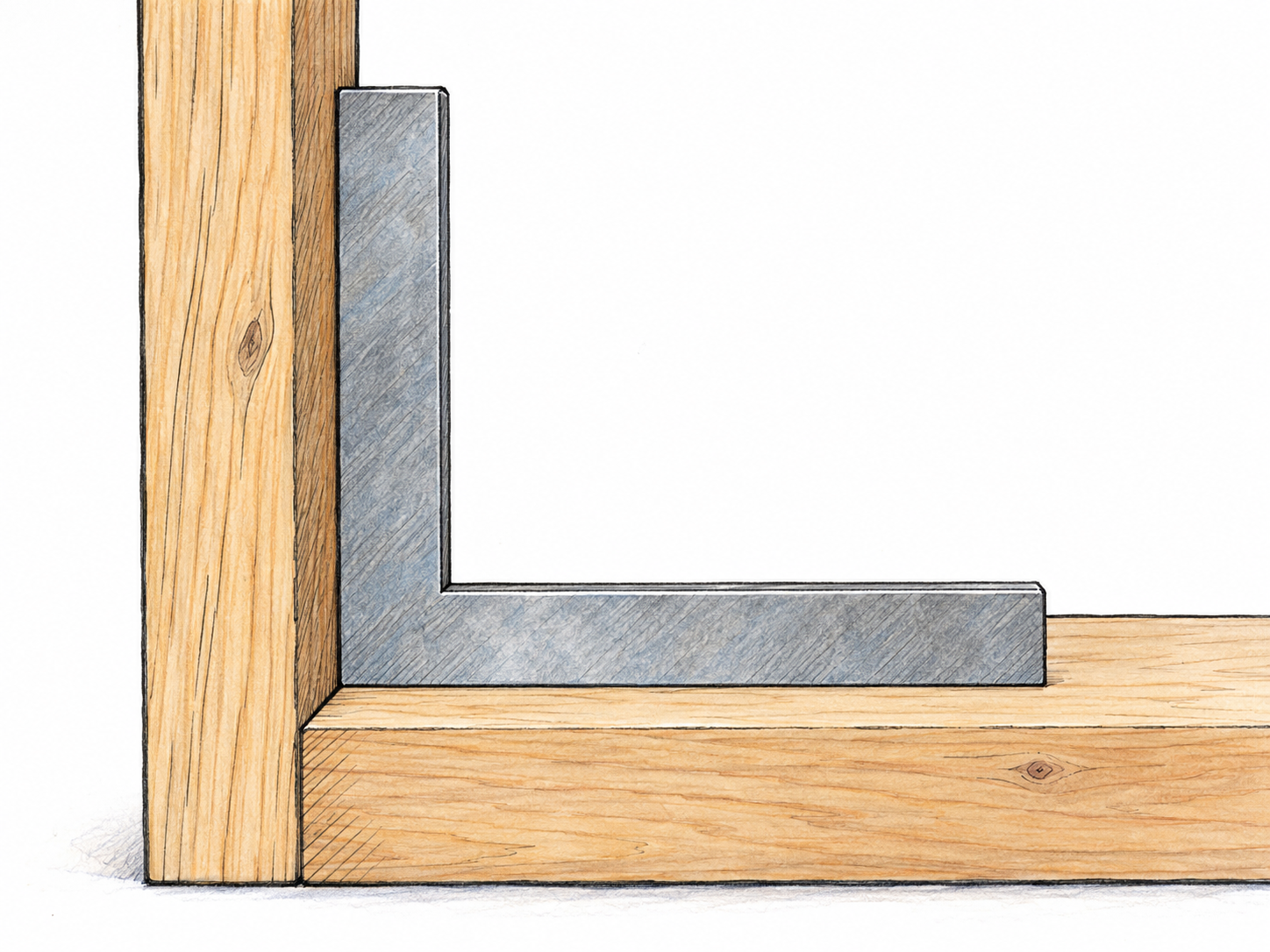 An upright wooden board meets a horizontal wooden base at an unmistakable right angle, with a steel carpenter’s square fitted snugly into the inside corner.