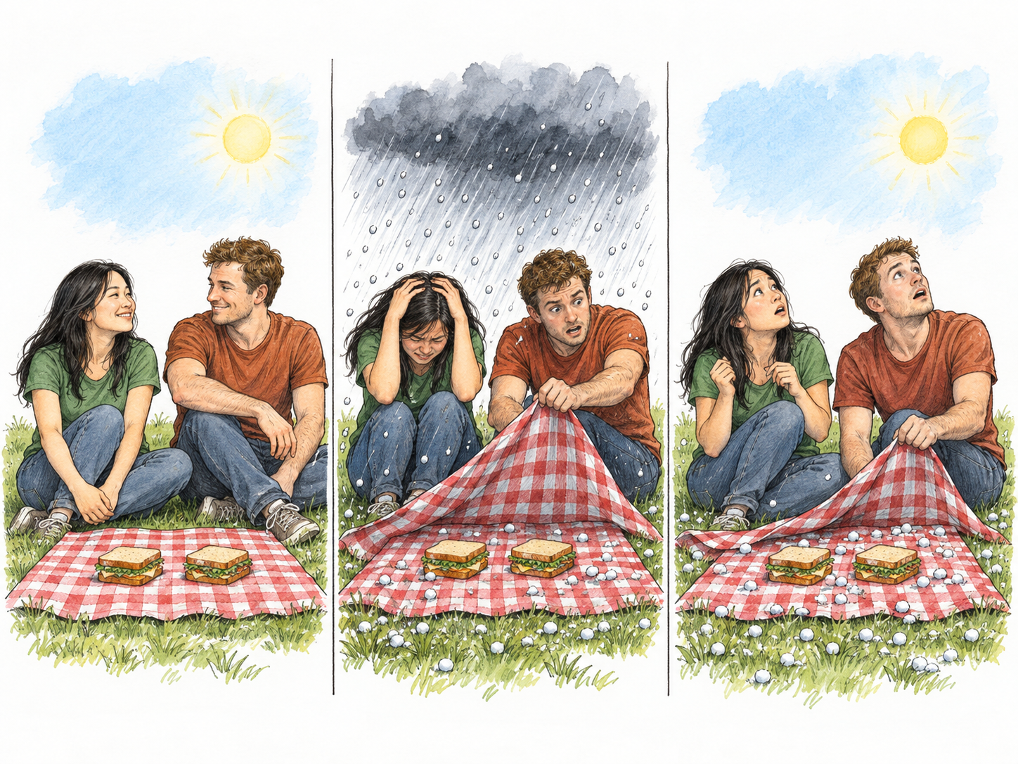 A text-free three-panel sequence shows capricious weather interrupting the same picnic: sunshine, an abrupt hail shower, then sunshine again while hailstones remain on the blanket.