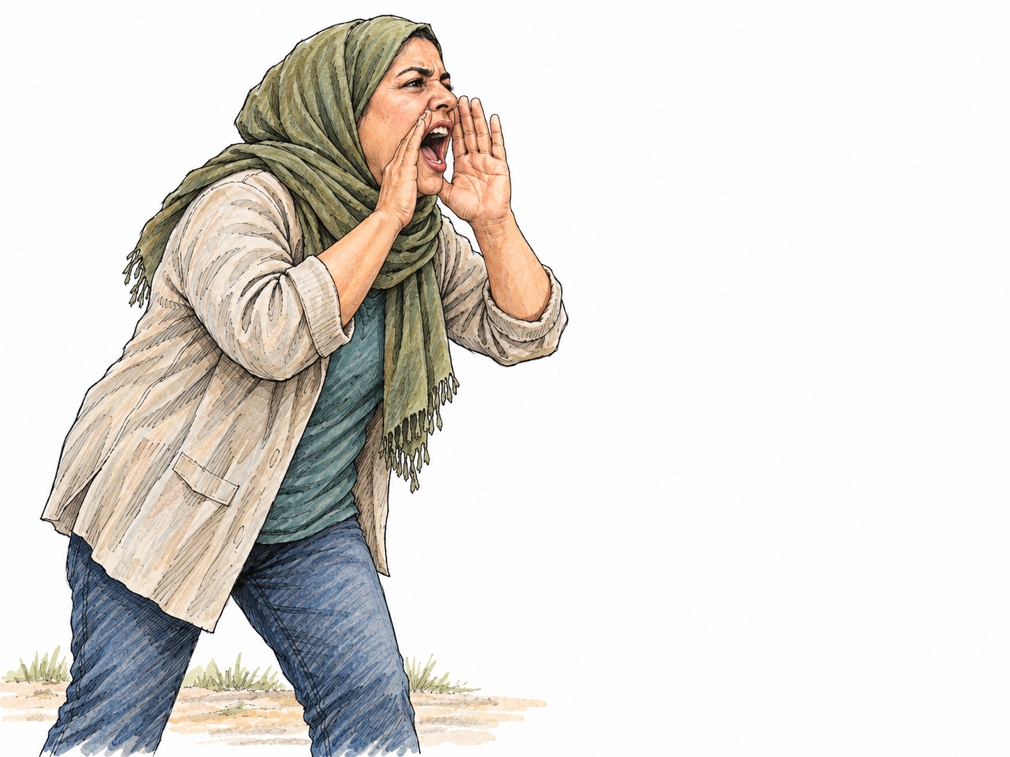 A middle-aged Middle Eastern or North African woman bellows across an open outdoor space, cupping her hands beside her wide-open mouth and leaning forward with forceful vocal effort.