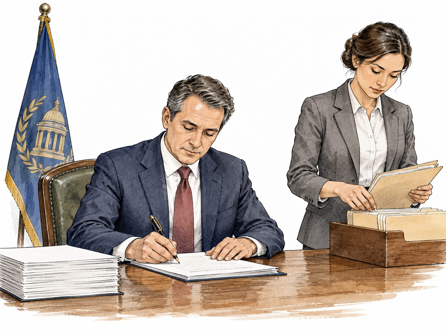 A civil official carefully signs routine unmarked government documents while an assistant organizes folders.