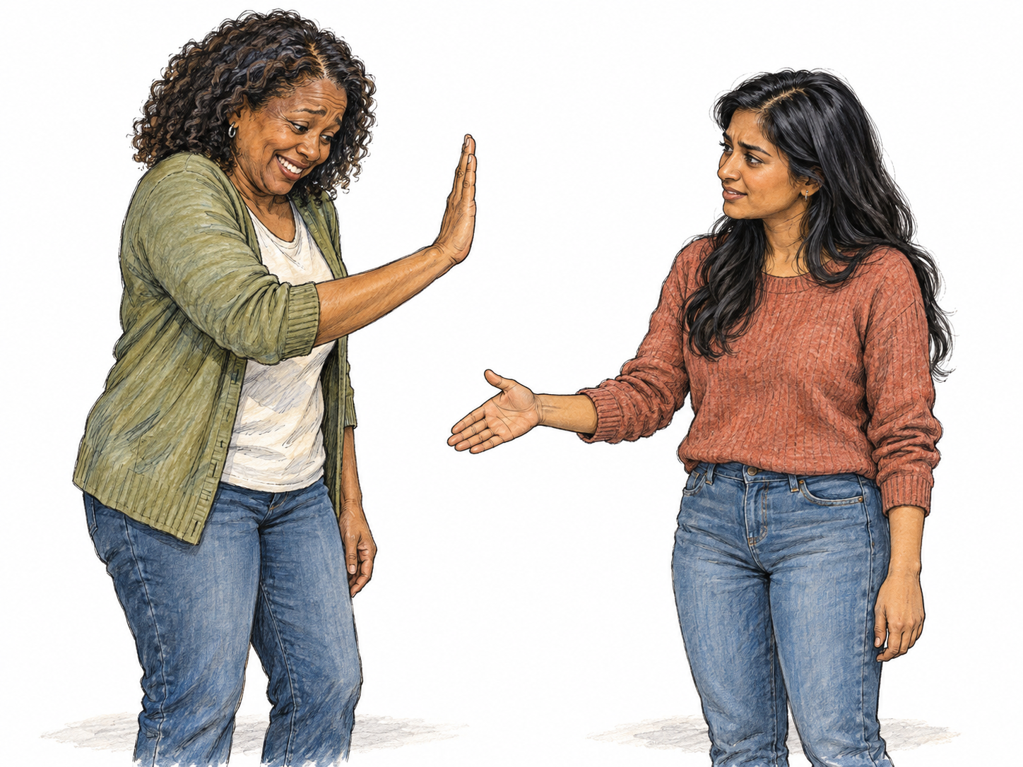 An awkwardly mismatched greeting: a woman enthusiastically offers a high-five while the woman facing her offers a handshake, leaving their hands conspicuously out of alignment.