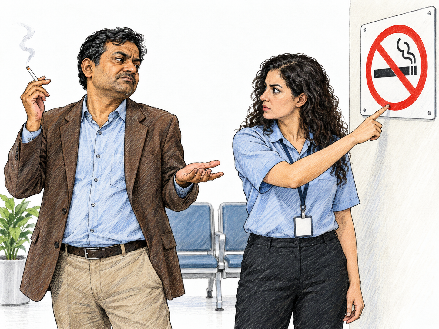 A man openly smokes directly beside a clear no-smoking pictogram while an attendant points to it; he meets her gaze and dismissively shrugs without putting out his cigarette.