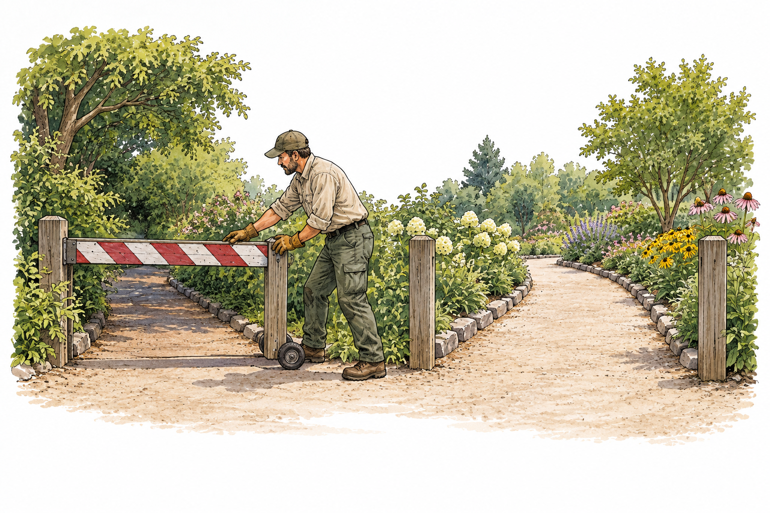 A groundskeeper closes a movable barrier to limit access to one garden path while another remains open.