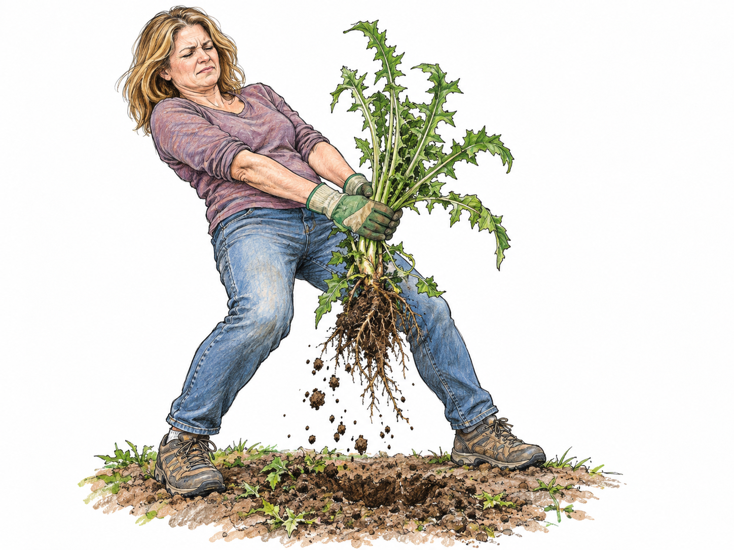 A woman forcefully jerks a stubborn weed out of the ground, leaning sharply backward as its roots burst free with flying soil crumbs.