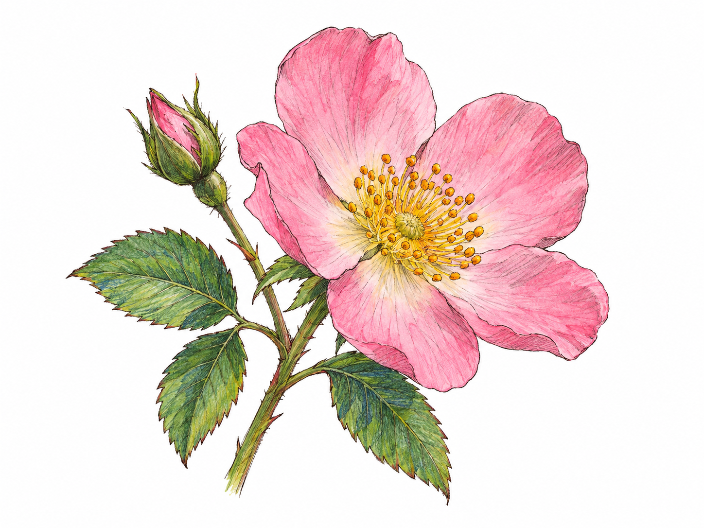 A single newly opened pink wild rose on a short leafy stem, its fresh petals spread around a visible golden center, with one small closed bud beside it.
