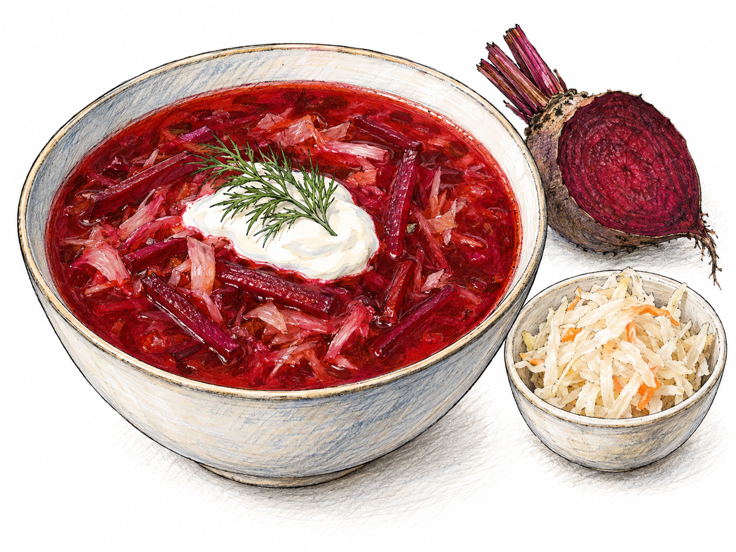 A bowl of ruby-red beet borscht with visible shredded beet and cabbage, a small swirl of sour cream and dill, accompanied by a cut beet and a small dish of fermented cabbage to suggest its sour character.