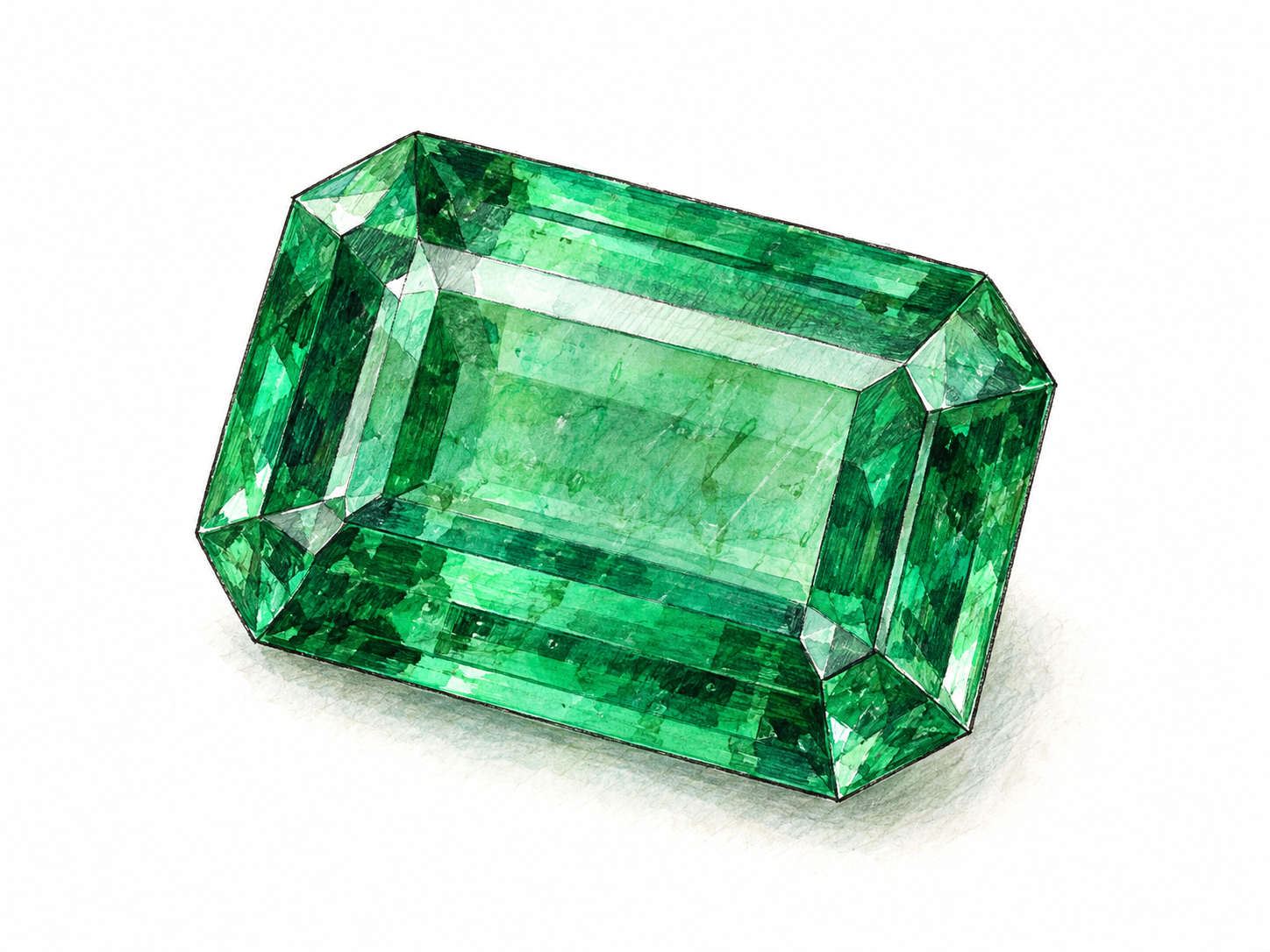 A single bright green, emerald-cut precious gemstone, shown large enough for its transparent body and stepped facets to be immediately readable.