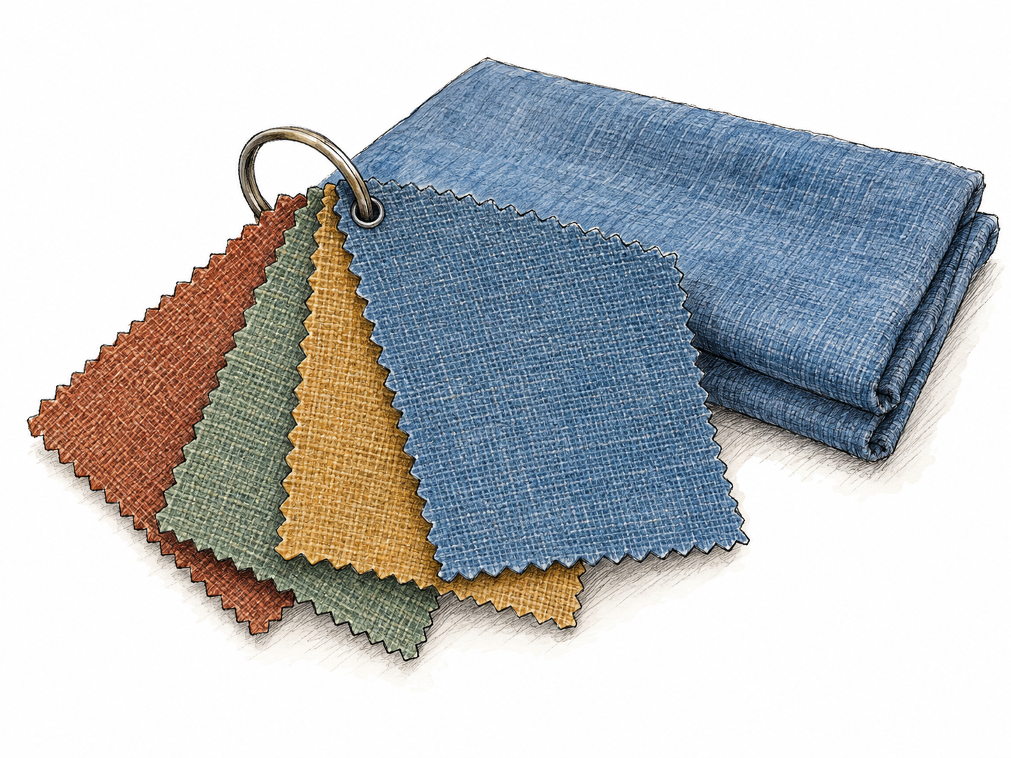 A small fan of pinked-edge fabric sample squares, fastened together at one corner, with a matching folded length of fabric behind it.