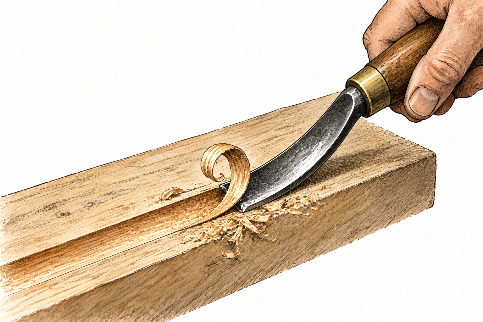 A close-up woodworker's gouge cuts a long narrow groove along a wooden board, channel clearly visible.