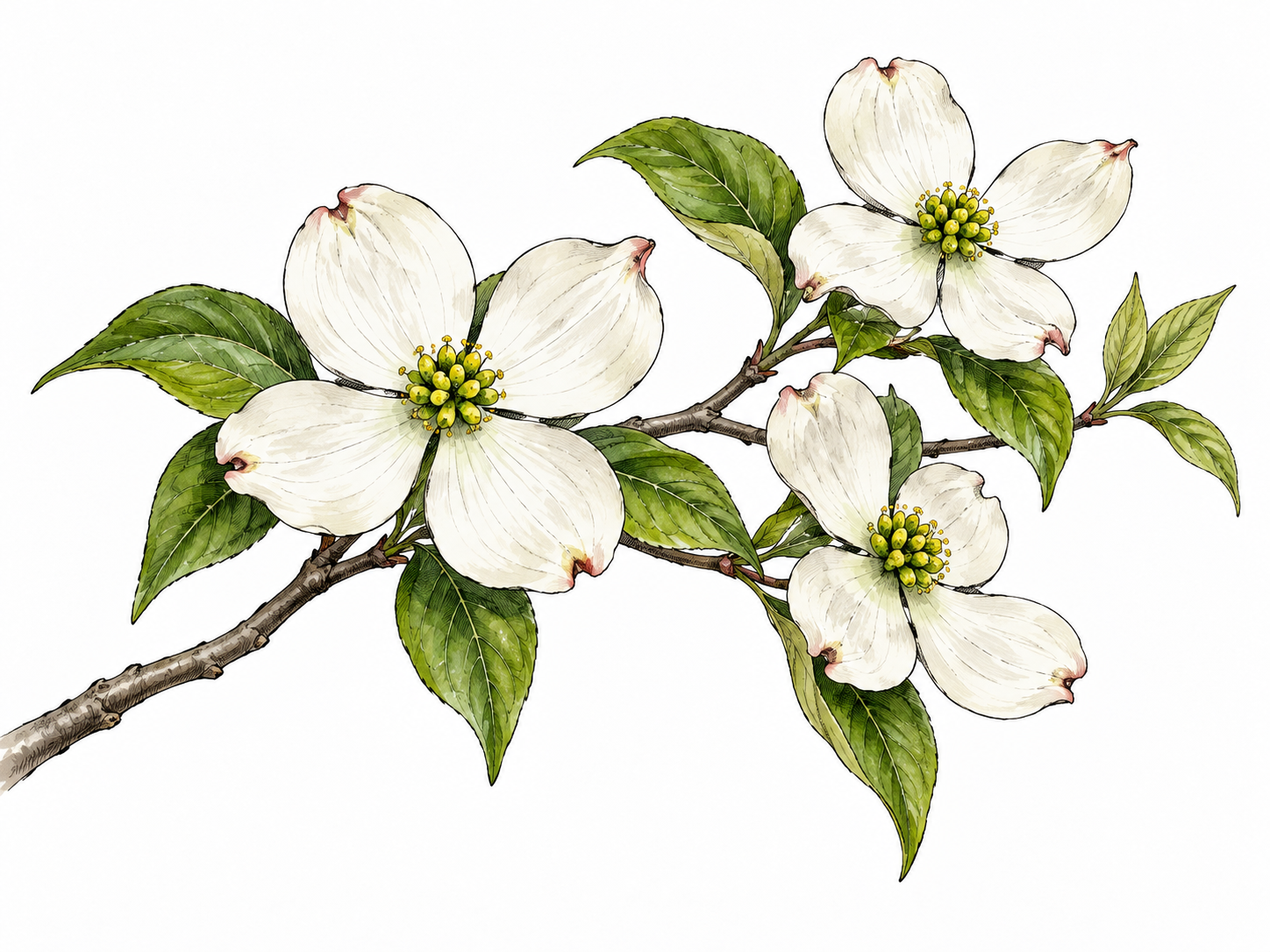 A flowering dogwood branch with four white bracts surrounding small central flowers.