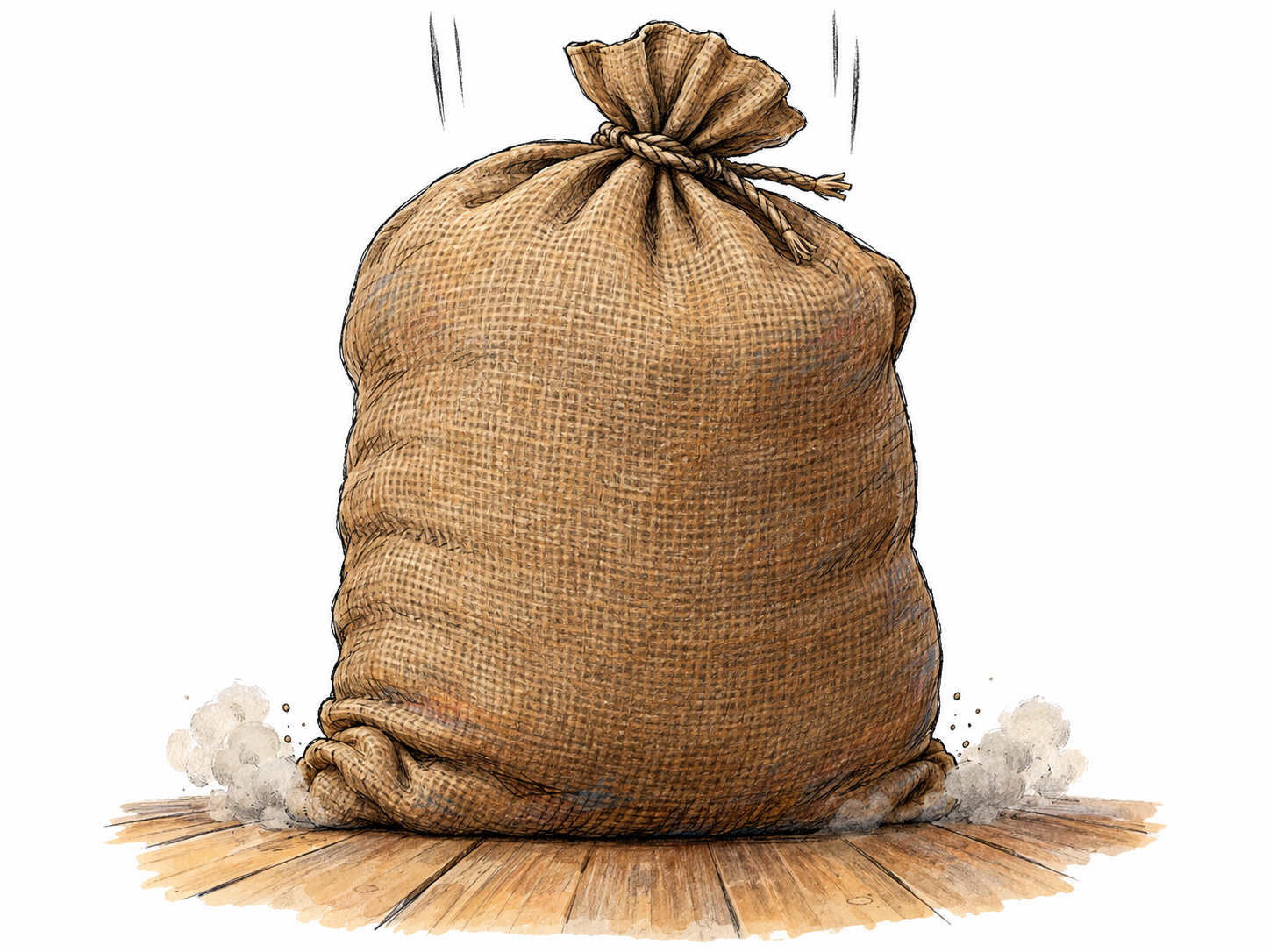 A heavy, tightly packed burlap sack striking a wooden floor, its base visibly flattening at contact and a small puff of dust escaping sideways, evoking a low, dull impact rather than a sharp crash.