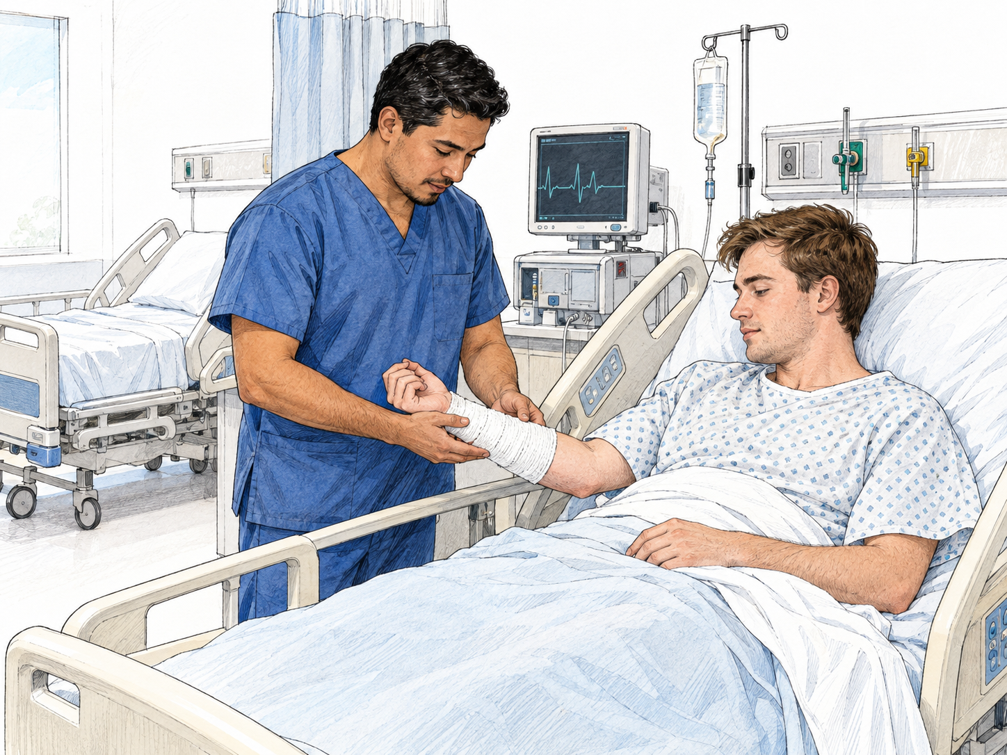 A compact hospital ward view: a clinician checks an injured patient's bandaged arm beside an adjustable hospital bed, with a bedside monitor, IV stand and a second empty hospital bed establishing institutional medical care.