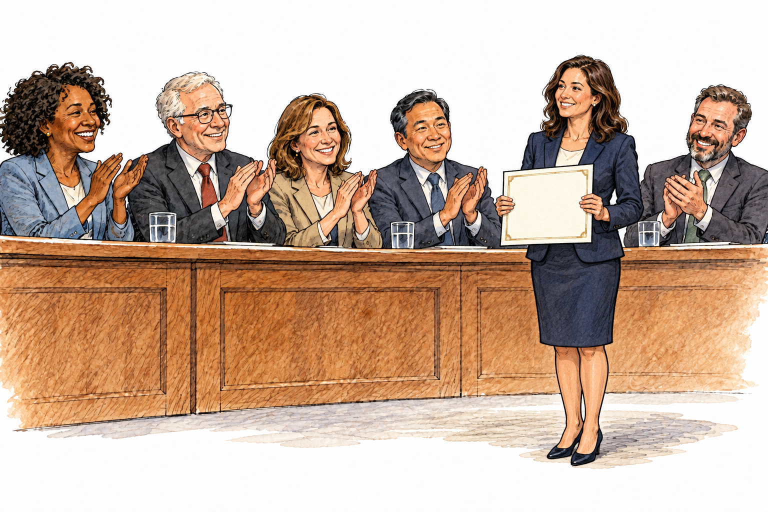 Panel formally applauds an accomplished adult who receives a plain certificate, approval and praise clear, no readable text.