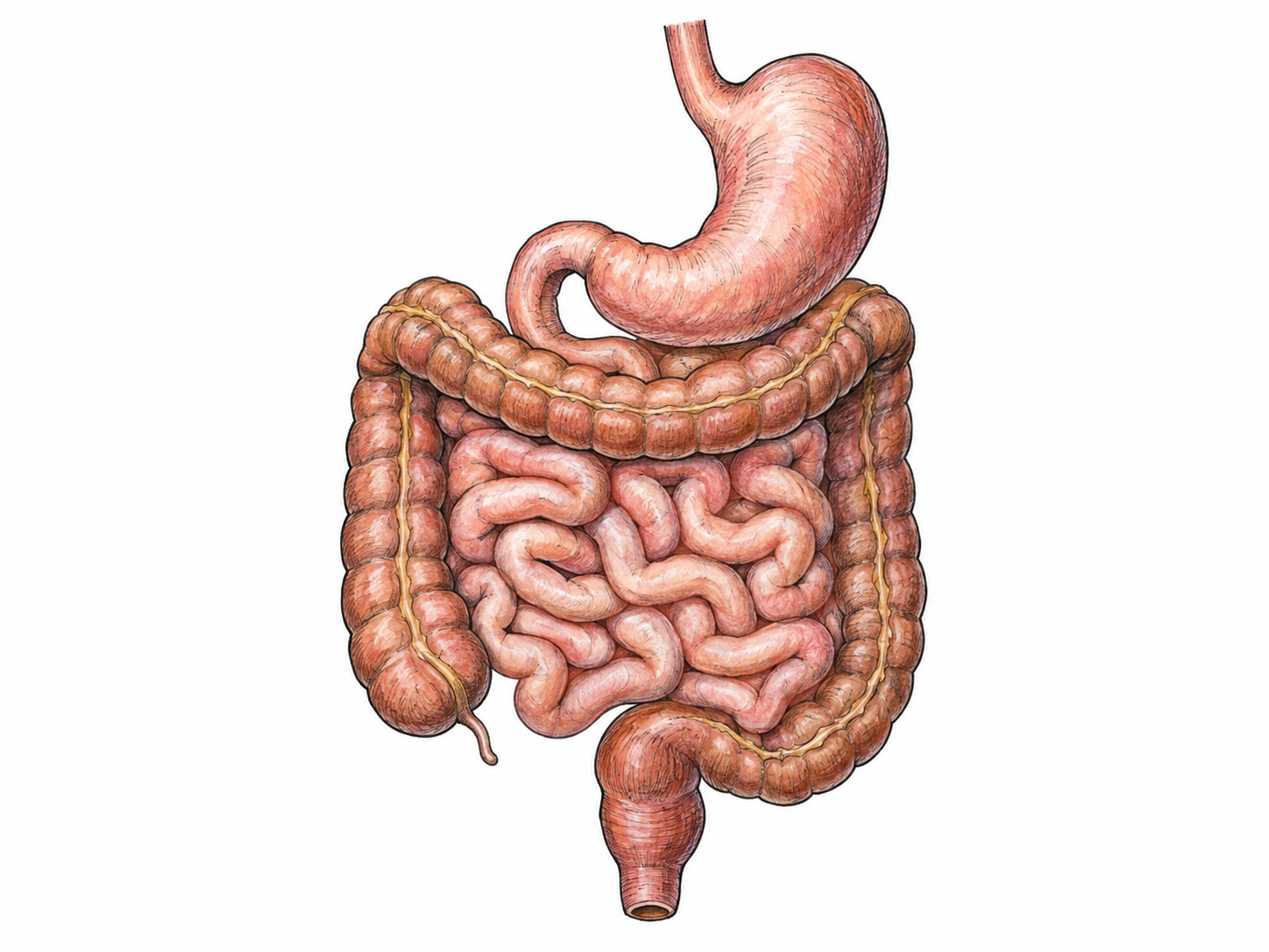 A text-free anatomical illustration of the human stomach and intestines, isolated in their natural connected arrangement.