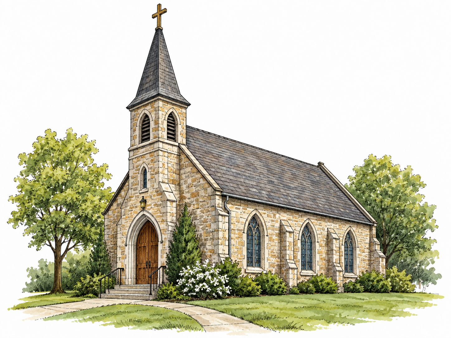 Small Christian stone church with cross and steeple.