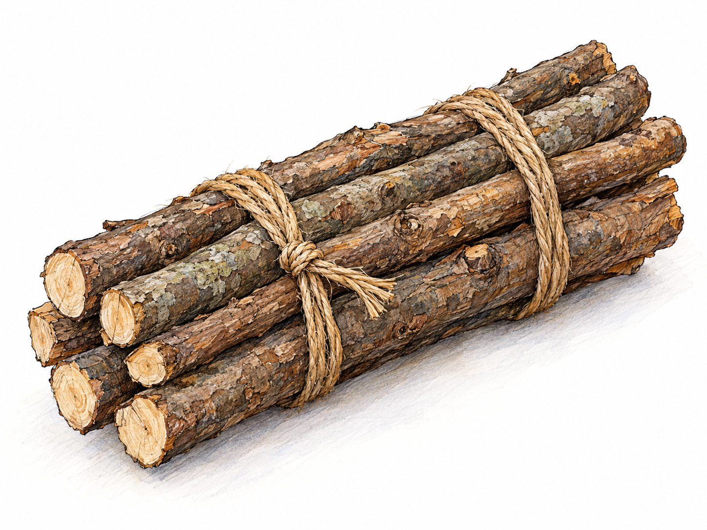A compact group of short wooden sticks securely tied together with two clearly visible loops of twine, showing separate objects held as one bundle.