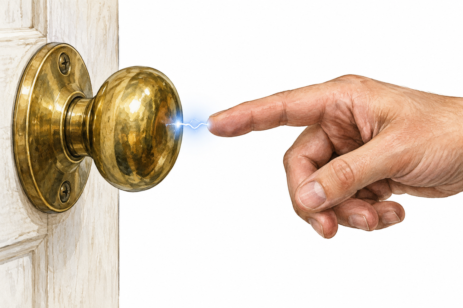 A small static-electricity spark suddenly jumps between a fingertip and a metal doorknob.
