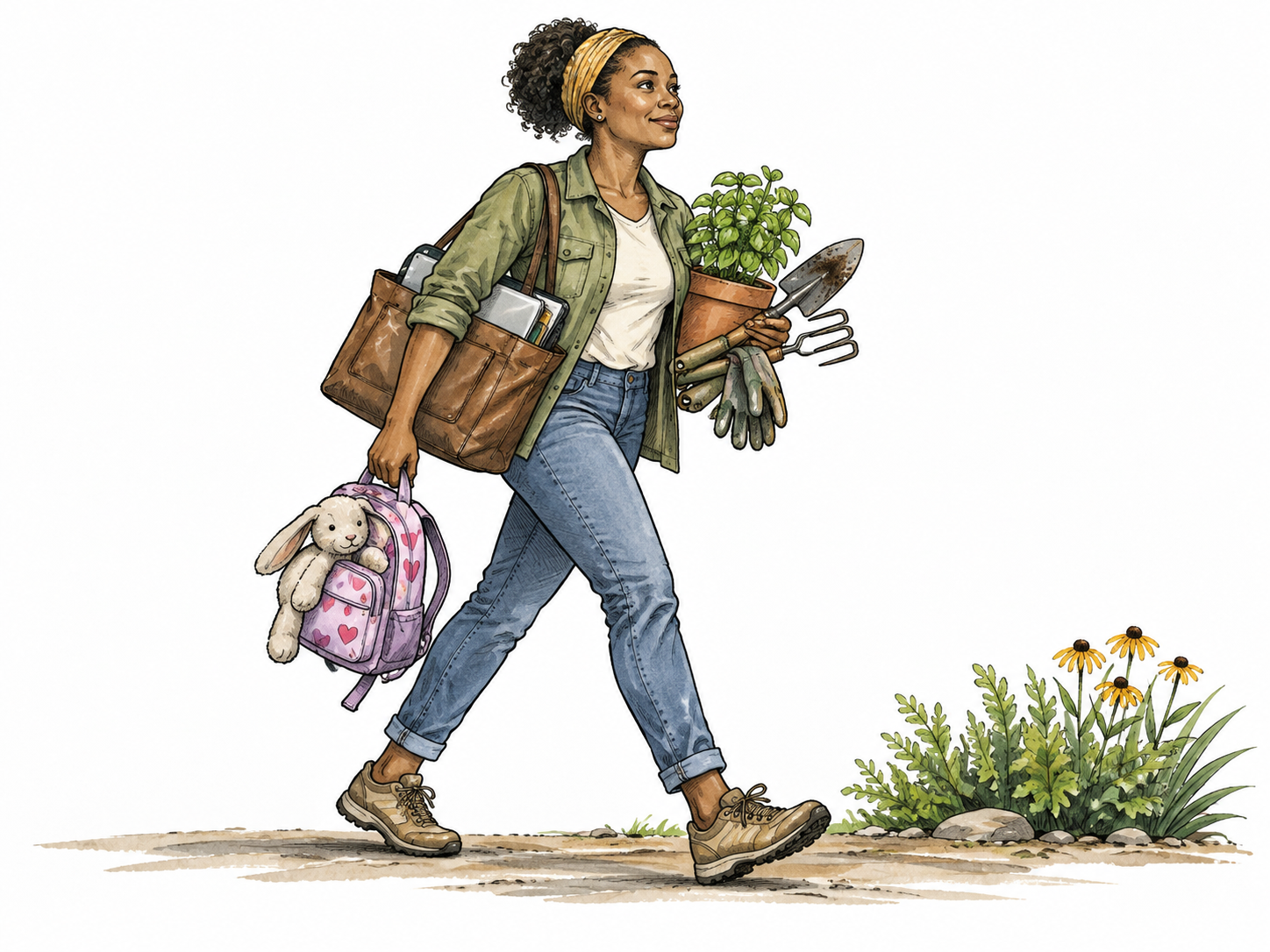 A Black woman efficiently balances a work bag, a child's backpack and garden tools in an ordinary capable daily scene; no superhero costume.