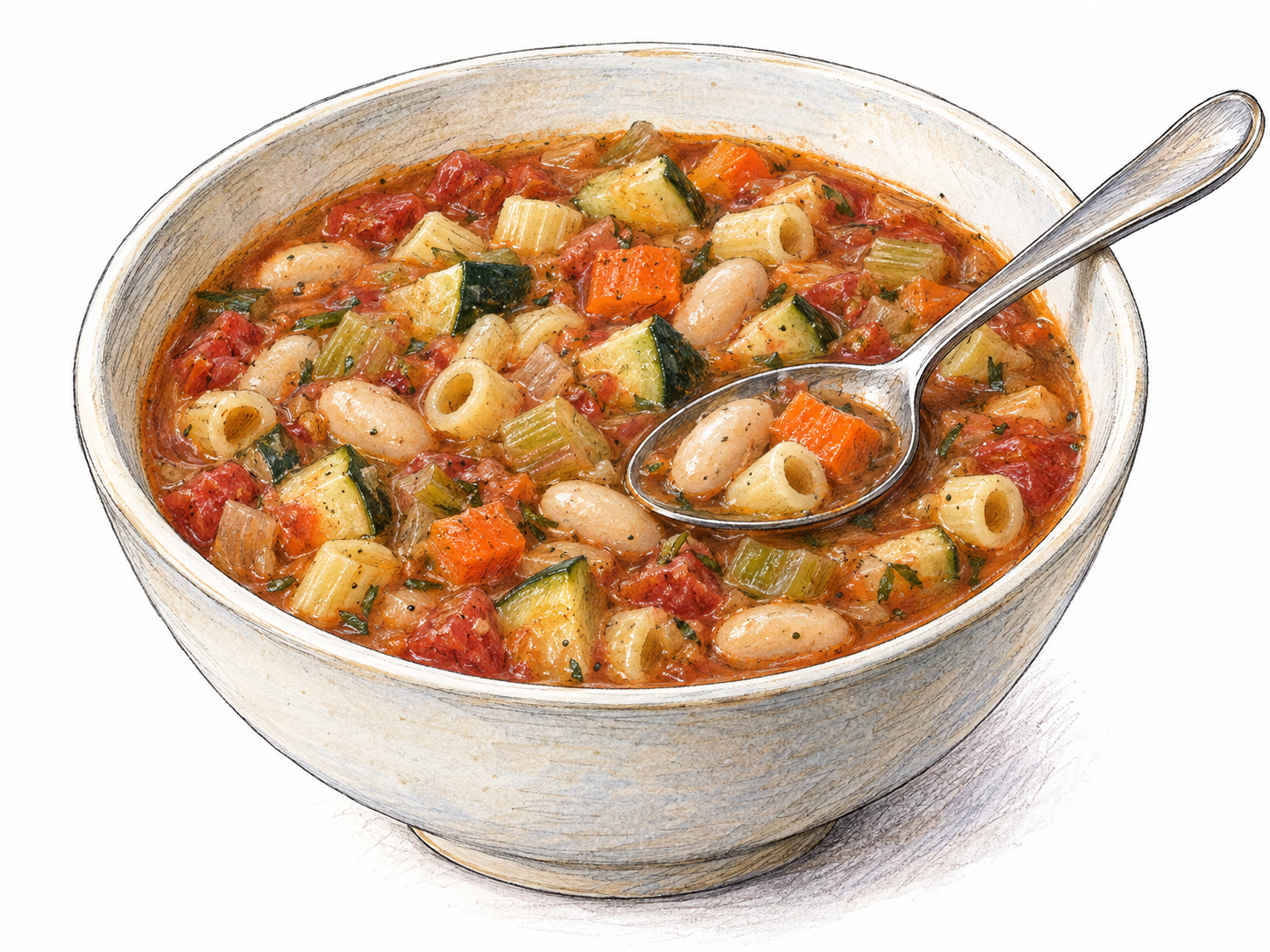A close three-quarter view of a bowl of thick minestrone, with vegetables, white beans, and short pasta clearly distinguishable in a small amount of tomato-colored broth.