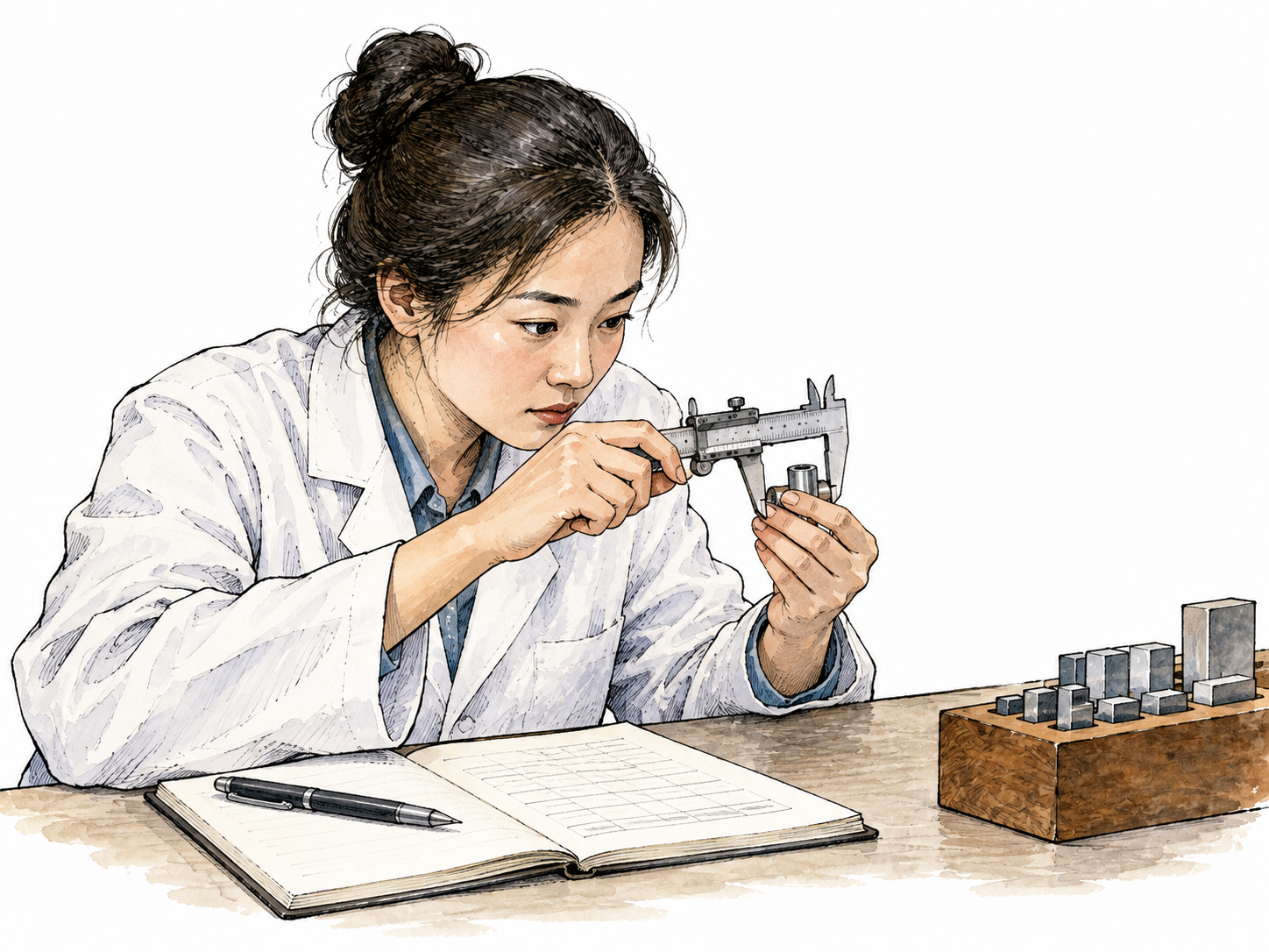 An East Asian researcher checks a measurement carefully against a calibrated instrument and a written record.